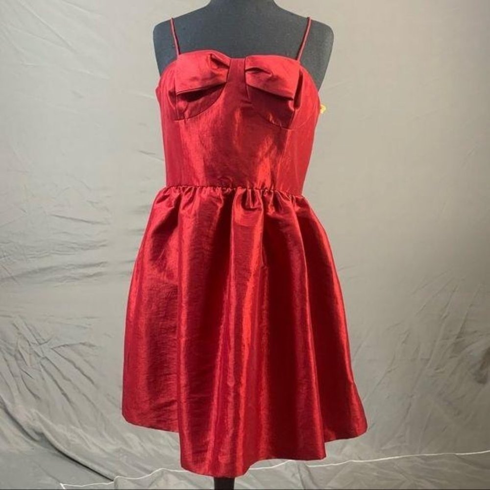 CeCe By Cynthia Steffe NEW Red Satin Pleated Full Bow Fit Flare A Line Dress - Picture 3 of 9